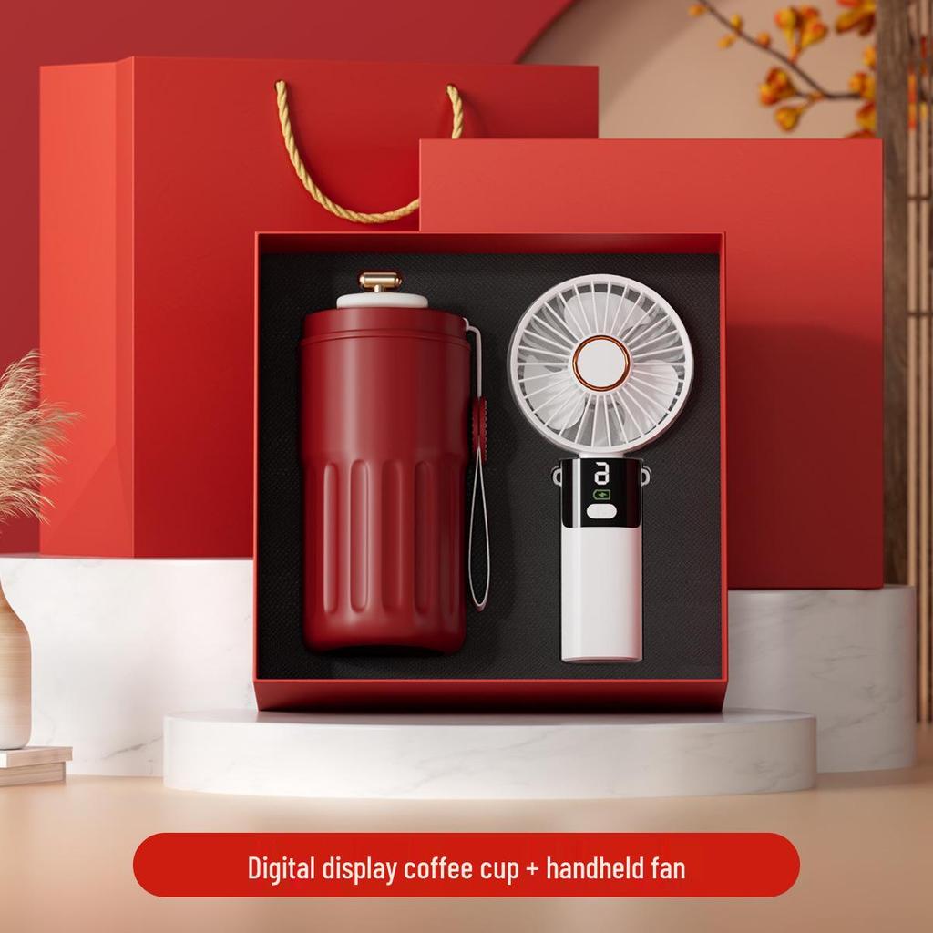 Digital Display Coffee Cup & Handheld Fan Business Gift Set for Leaders & Colleagues - Customizable with Logo