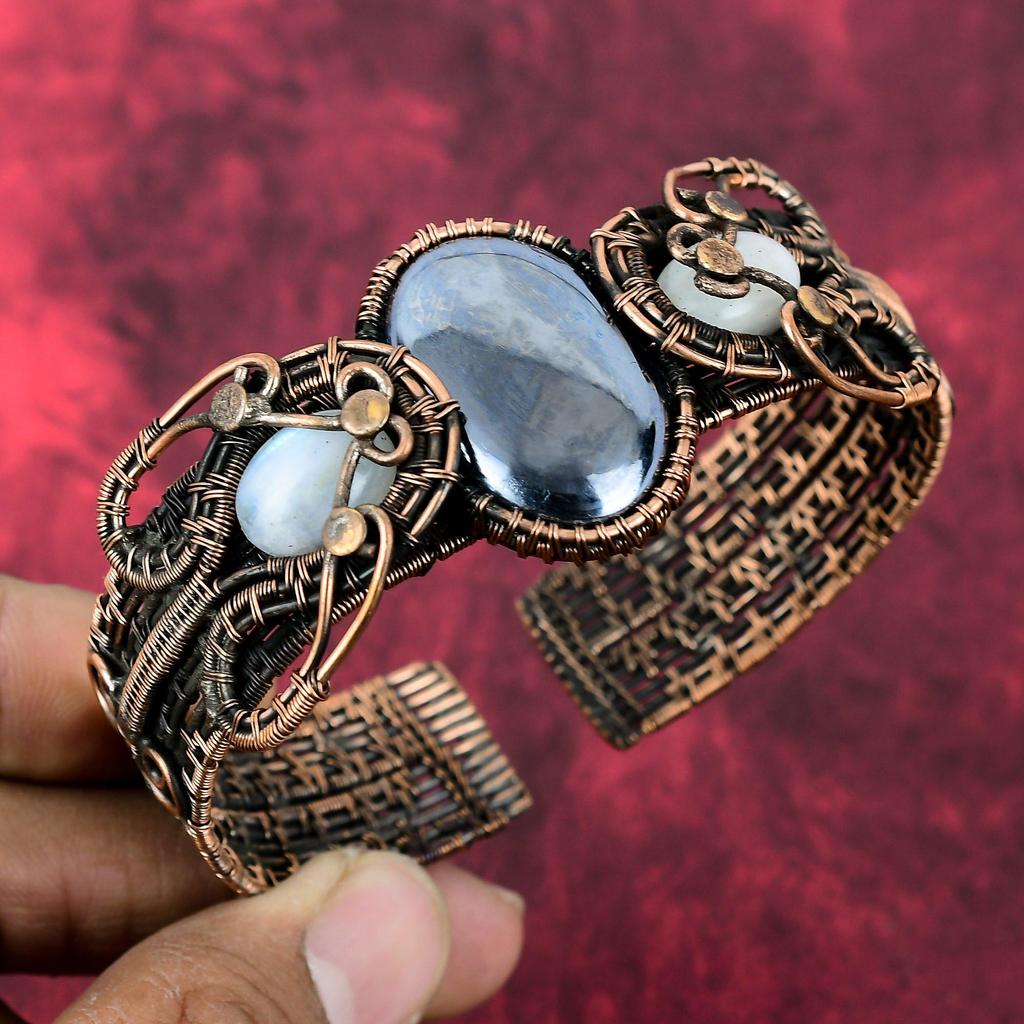 Shungite Bangle Copper Wire Wrapped Adjustable Cuff Bracelet Rainbow Moonstone Bracelet Handmade Gemstone Bangle Copper Jewelry Gift For Mom