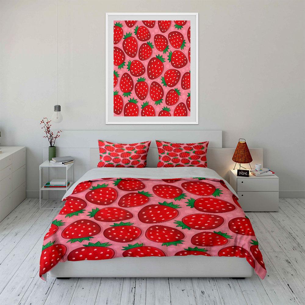 Strawberry Pattern Pink Background Bedding Duvet Cover Set (1*Duvet Cover 2*Pillowcases, without duvet insert)