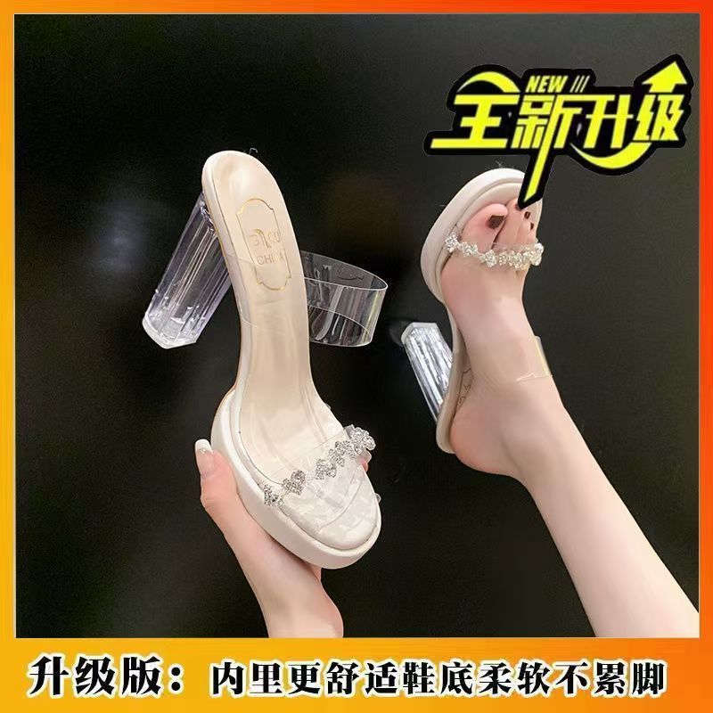 French Rhinestone with Transparent Sandals for Women In Autumn 2025, New Fashionable and Versatile Temperament, Crystal Thick Heel Waterproof Table