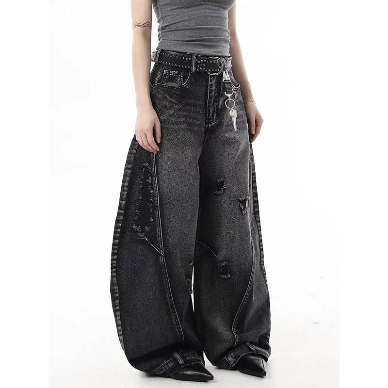 Y2K Black Graffiti Worn Out Womens Jeans High Waist Vintage Straight Baggy Denim Pants Street Wide Leg Denim Trouser