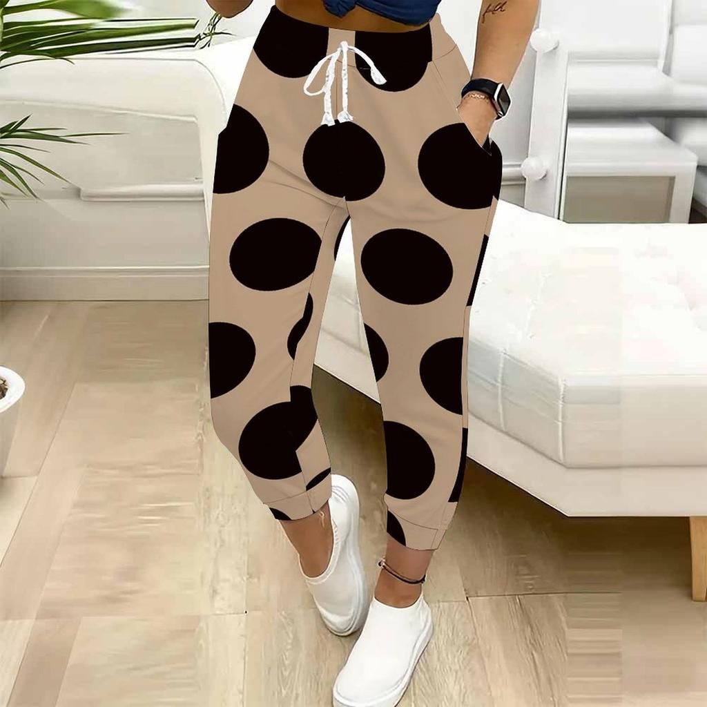 Summer Ladies Geometric Line Printed Sweatpants Loose Fit Drawstring Joggers Elastic Cuff Daily Casual Pants