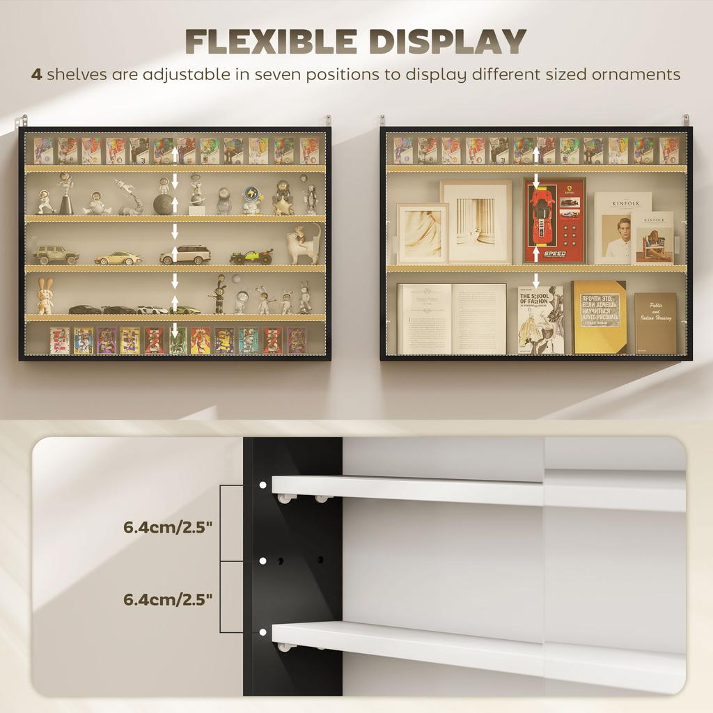 5-Tier Wall Display Cabinet, Wall Mounted Display Case w/ 4 Adjustable Shelves, Glass Doors, 60x80cm, Black and White