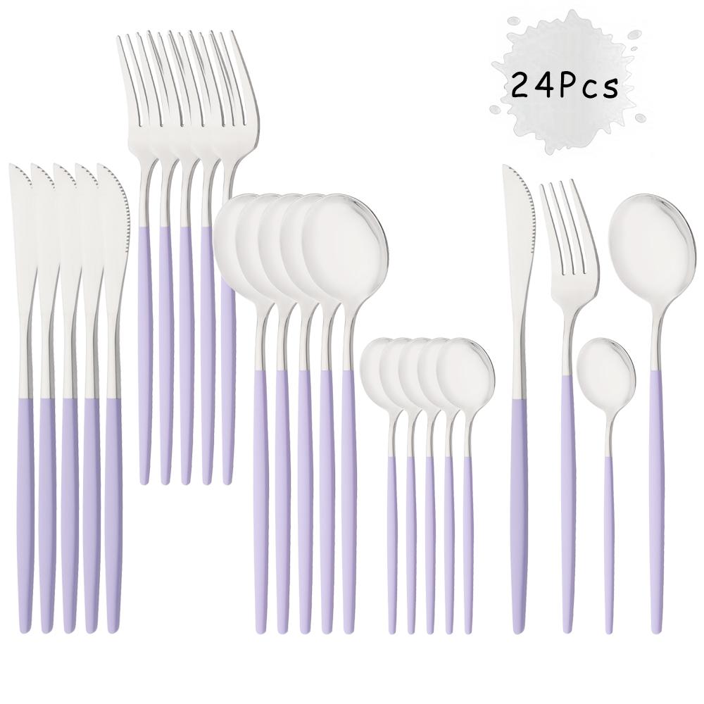

24Pcs Purple Silver Stainless Steel Dinnerware Set Kitchen Fork Spoon Knife Dinner Cutlery Set Western Flatware Tableware Set