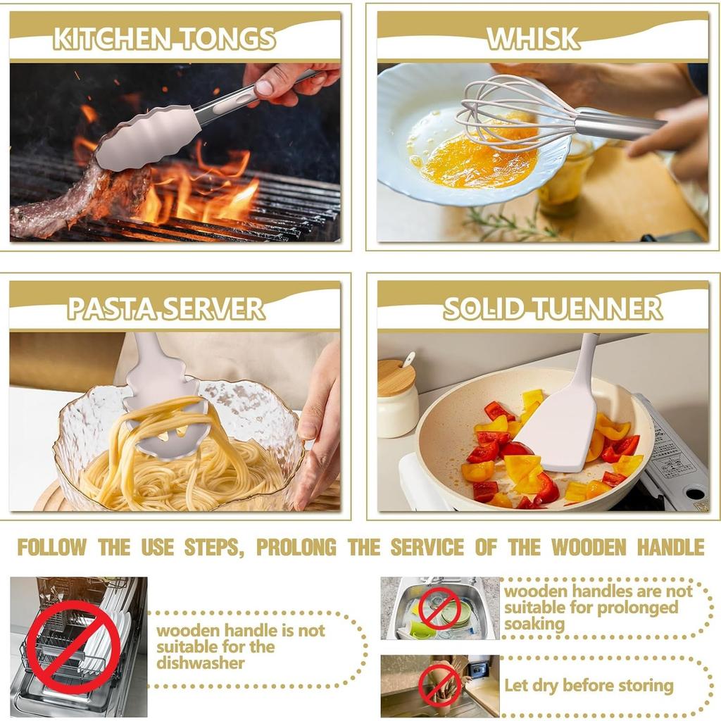Silikon Küchenutensilien Set vom Chefkoch, 34-teiliges hitzebeständiges Küchenhelfer und Werkzeug mit Reibe, Holzgriffe für Antihaft-Kochgeschirr