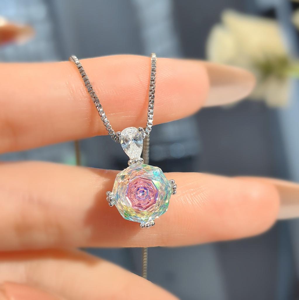 Octagonal Millennium Rose Cut Colorful Pink Diamond Pendant Set High Carbon Diamond Paraiba Ring Earrings