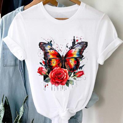 (Asian Size) Women Casual Butterfly Trend Flower Cute Short Sleeve T Shirt Tee Top Clothing Fashion Print Lady Female Graphic T-shirts