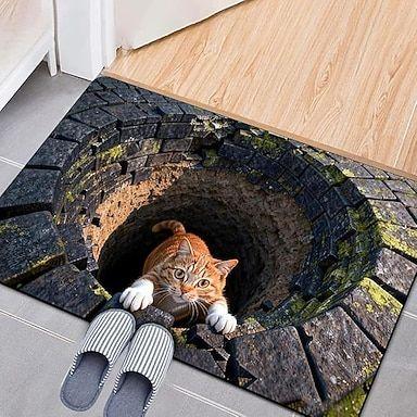 Cute Kitten Door Mat Stone Hole Water Well 2D Printed Carpet Endless Abyss Pattern Living Room Bedroom Decorative Floor Mat