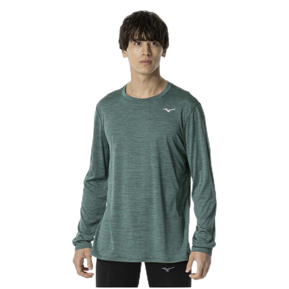 Mizuno Running Wear Quick Dry Long Sleeve Aurora Sweat Absorbent Quick Drying Reflective Print J2MAA520 Evergreen T-Shirt Men's