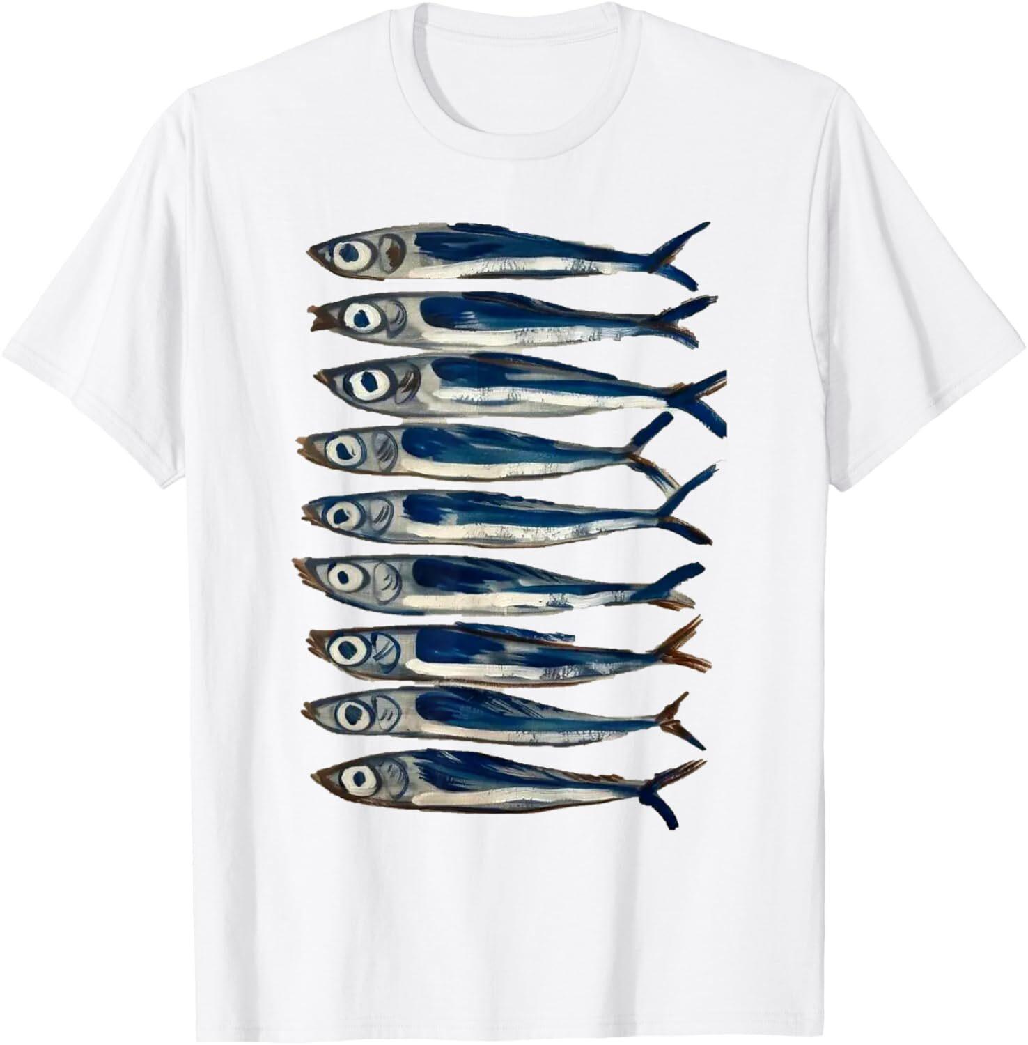 Sardine Painting Antique Still Life Fish Art Fish Restaurant T-Shirt XXXXL