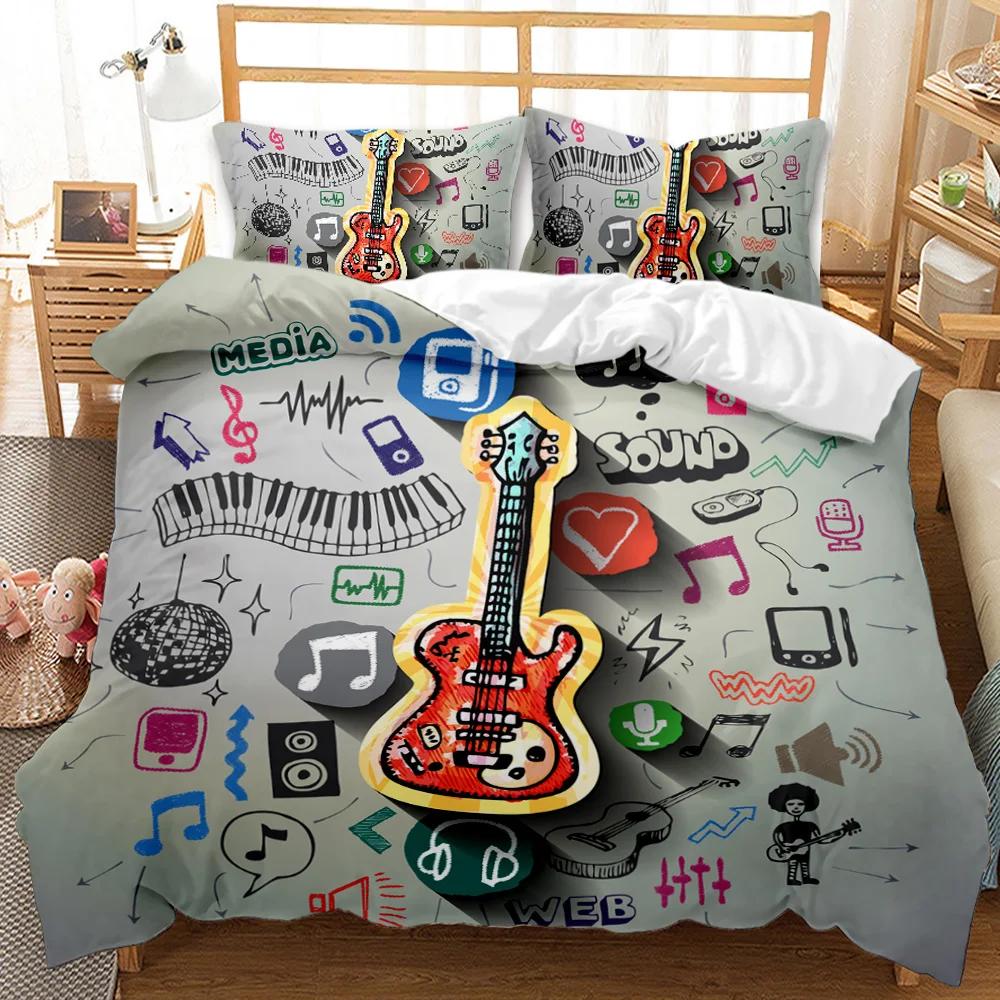 Guitar Duvet Cover Set Twin Rock Music Comforter Cover Set Hip Hop Hippie Quilt Cover Blue Guitar Polyester Bedding Set For Teen