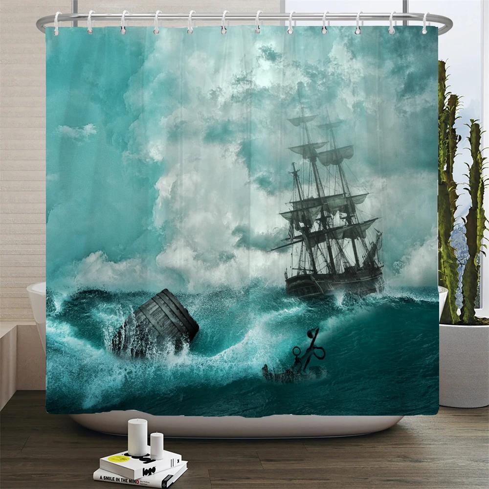 Sailboat Waterproof Bathroom Shower Curtains Sea Navigation Bath Curtains 3d Printing With Hooks 180*180cm Washable Cloth