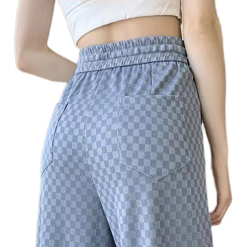 Petite Checkered Ice Silk Wide Leg Pants - Summer Elastic Waist, Slimming, Loose Casual Fit for Women