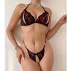 Hot Lip Print Halter Lace Contrast Exotic Set For Women Open Chest Bra And Thongs Sets Crotchless Underwear Cute Sexy Lingerie