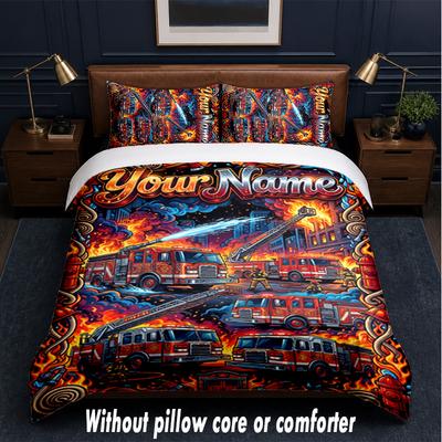 Fire Truck Theme Custom Text Or Name 3Pcs Bedding Set,1 Flat Sheet & 2 Pillowcases Personalized Home Bedding