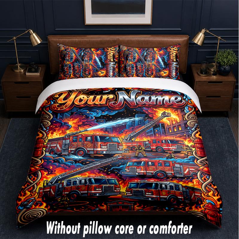 Fire Truck Theme Custom Text Or Name 3Pcs Bedding Set,1 Flat Sheet & 2 Pillowcases Personalized Home Bedding