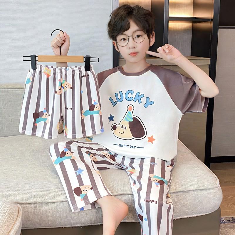 Boys Cotton Pajama Set Short Sleeve Shorts 3-Piece Cartoon Sleepwear Lightweight Home Outfit Kids