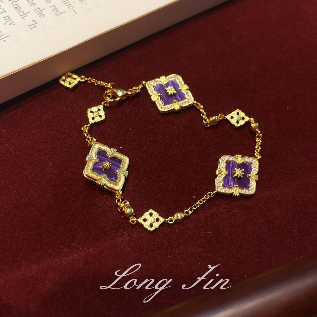 French Retro Four-Leaf Clover Window Grilles, Purple Dragon Crystal Jewelry Set, Necklace, Bracelet, Earrings, And A Ring.