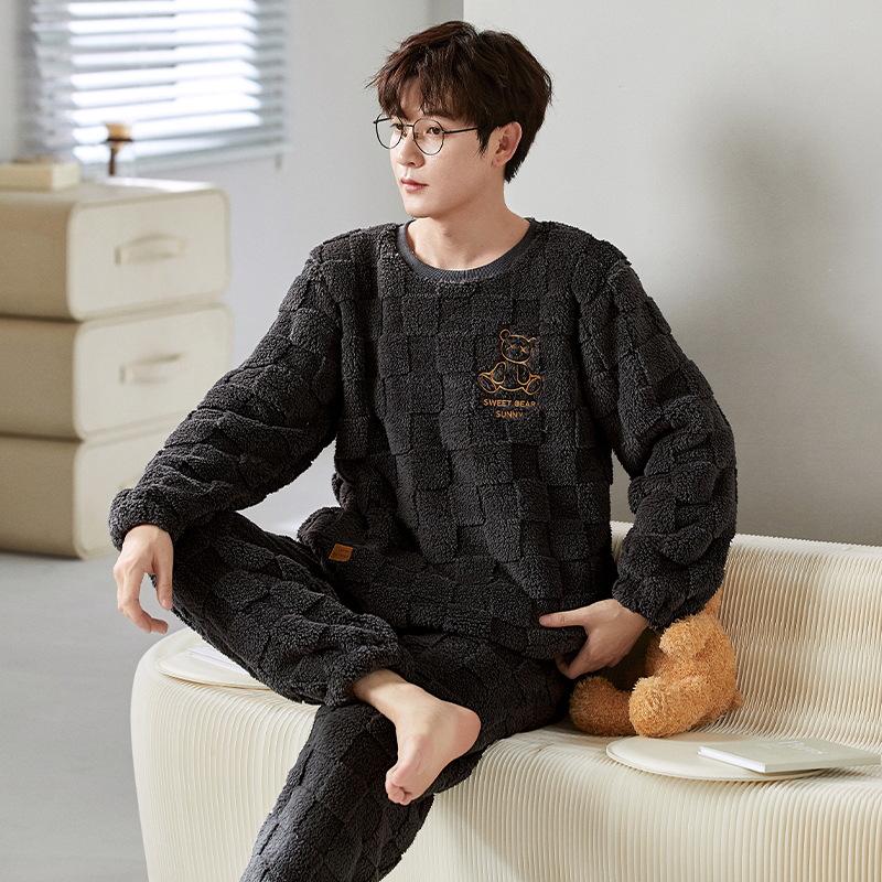 Men's Winter Thickened Coral Fleece Pajamas: Cute Cartoon Warm Homewear Set for Teenagers and Students