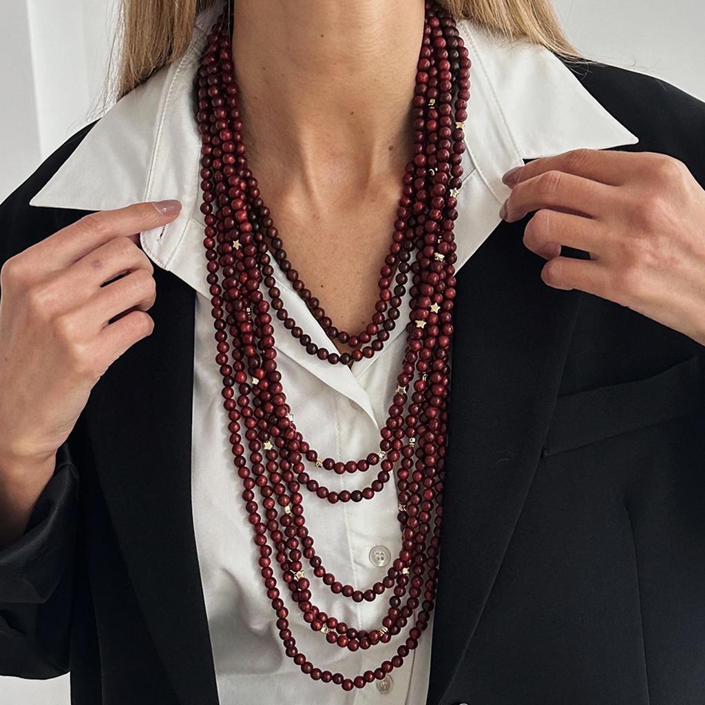 Ethnic Style Multi-Layer Stacked Wooden Bead Beaded Necklace, Exaggerated Waterfall-Shaped Long Multi-Layer Sweater Chain