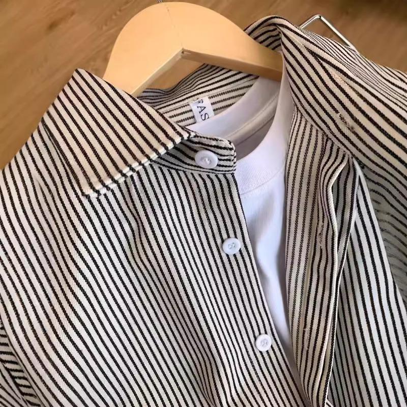 Black White Striped Long Sleeve Loose Fit Polo Shirt For Women Couple Casual Top