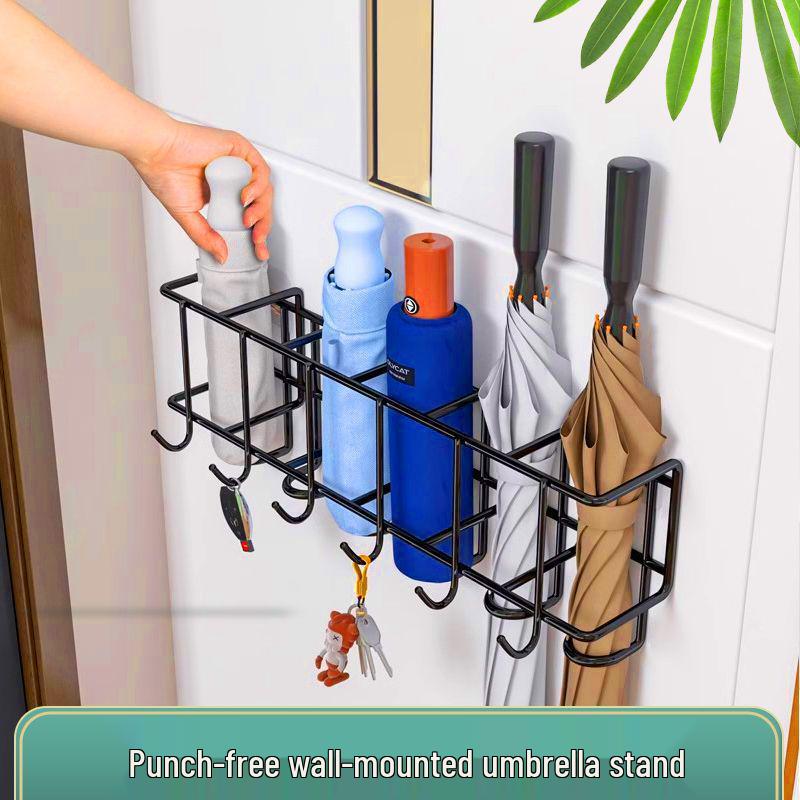 Wall-Mounted Entryway Umbrella Rack with Hooks (Punch-Free, Hanging Bag, Draining Design)