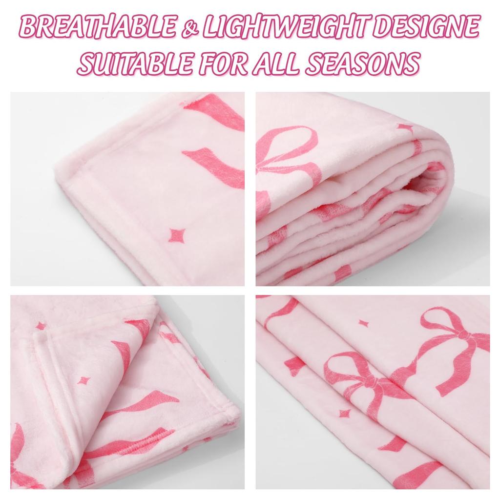 Pink Bow Fuzzy Blanket Cute Bowknot Throw Blanket Bowtie Cozy Flannel Blanket for Valentine's Day Home Bed Sofa Couch Chair