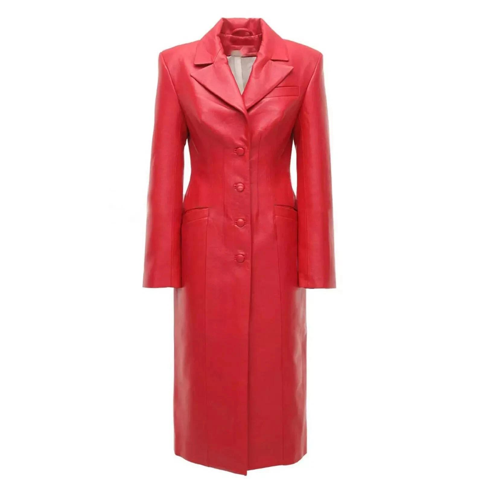 New Women`s Red Long Coat Genuine