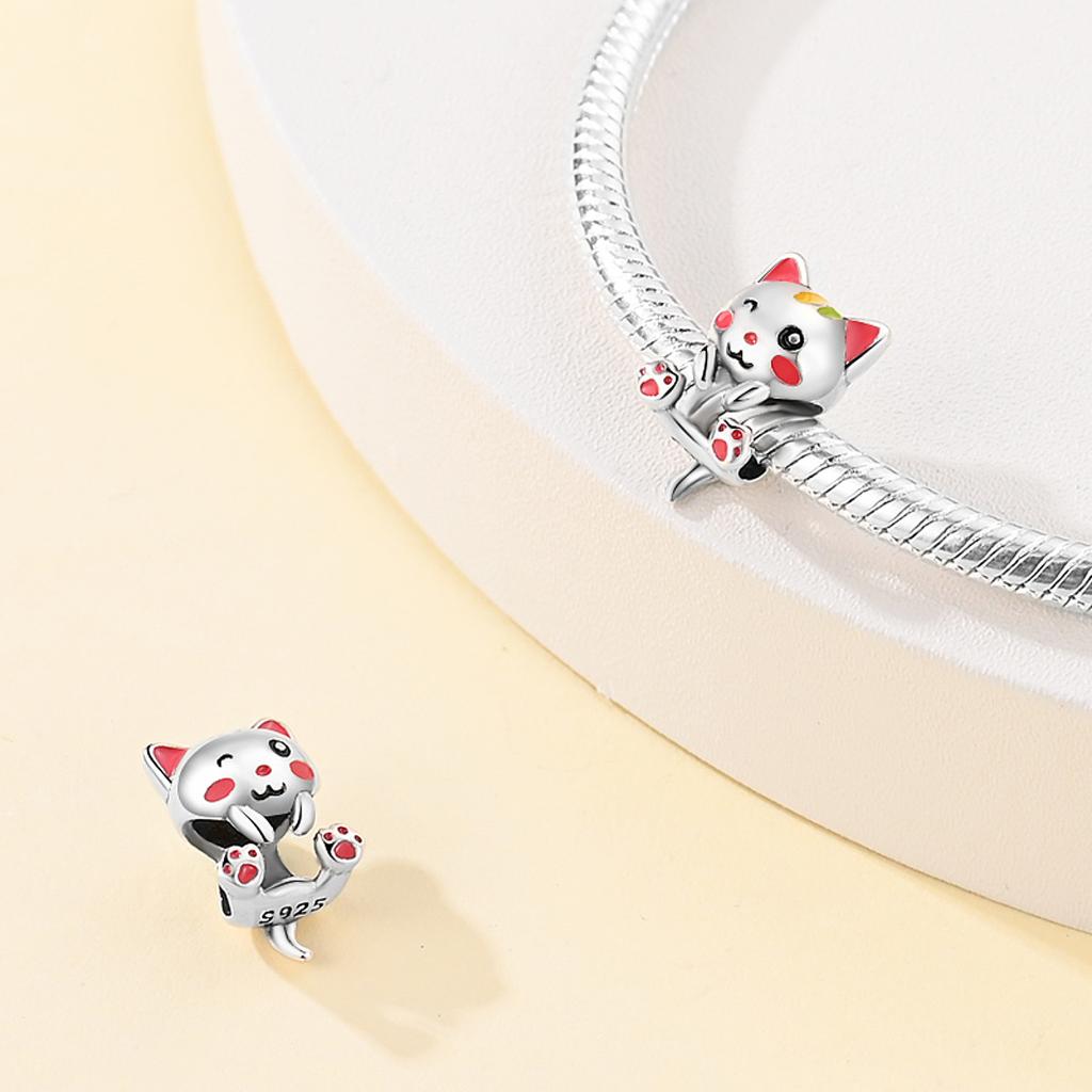 Original Copper Charms Luxury Cute Pet Cat Pink Color Beads Fit Bracelet Diy Women Making Delicate Gift