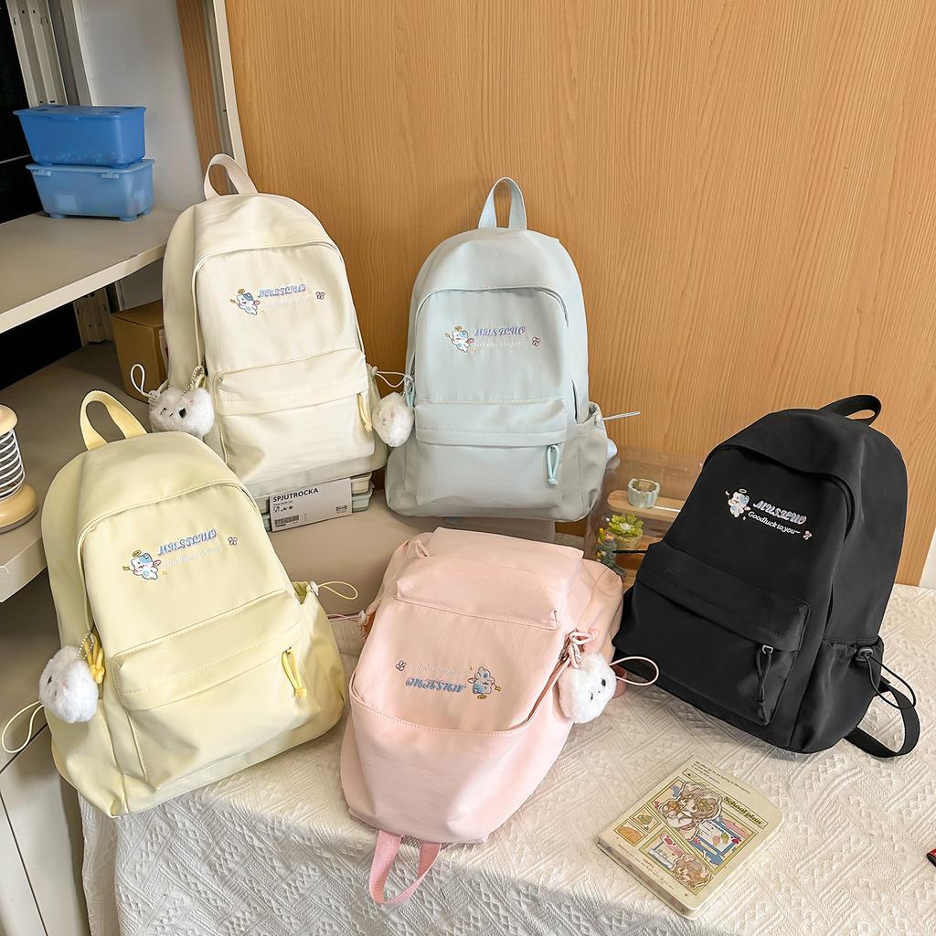 Schoolbag Solid Color Student Backpack English Cartoon Embroidery High Value School Bag Female Class Travel Commuting Versatile Backpack