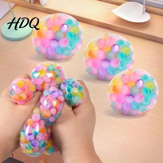 Soft Stress Ball Rainbow Bead with Glitter TPR Squeeze Toy for Sensory Fidget Anxiety Relief Colorful Kids Adults Fun Decompression Gadget