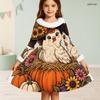 Girls Furry Trim High Neck Long Sleeve A Line Flared Hem Ghost Pumpkin Floral Printed Dress