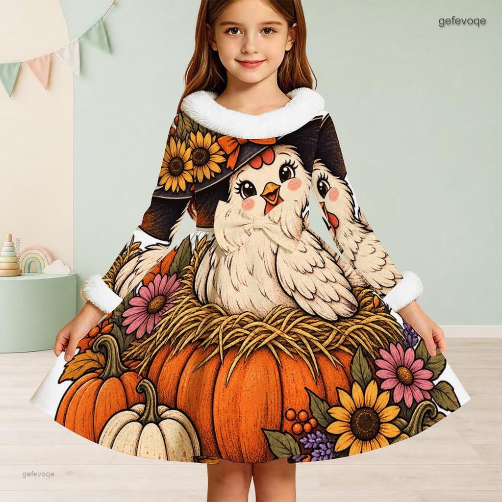 Girls Furry Trim High Neck Long Sleeve A Line Flared Hem Ghost Pumpkin Floral Printed Dress