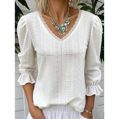 2026 Spring New Women's V-neck Hollow Casual Mid-sleeve Solid Color Top