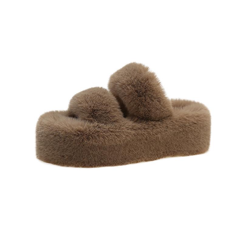 Thick bottom heightening fluffy slippers women's outer wear 2025 new autumn and winter fashion muffin plush one-word cotton mop