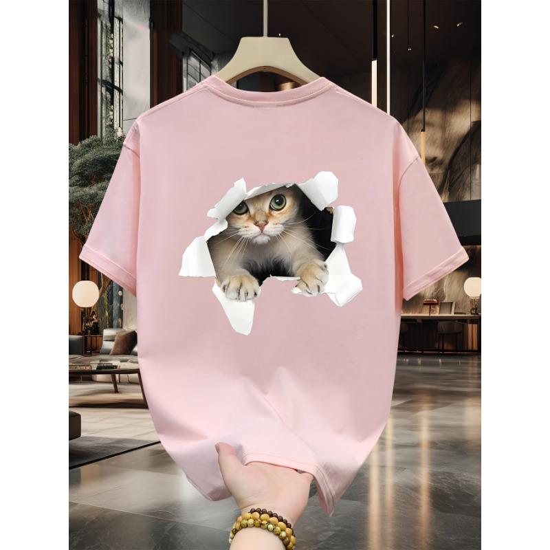

Fashionable men s short-sleeved T-shirt, with a relaxed and casual sportswear style, featuring a three-dimensional cat pattern. S