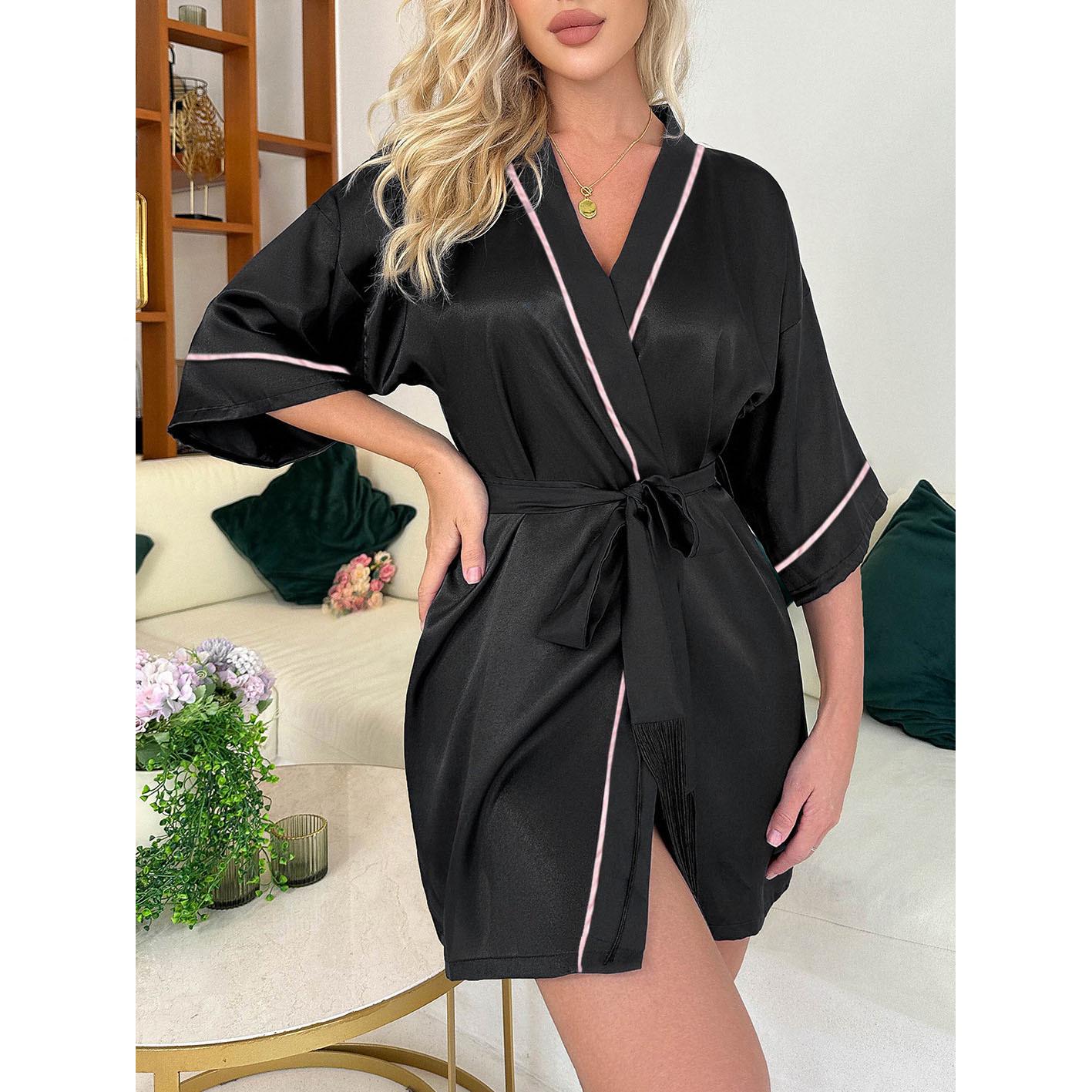 

Женский пижамный комплект с V-образным вырезом и халат из искусственного шелка Large чёрный