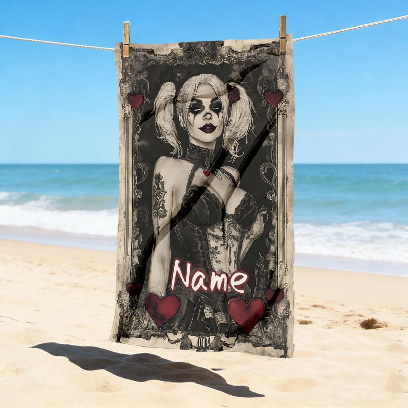 Custom Name Harley Quinn Stylish Digital Printing Beach Towel Quick‑Drying Absorbent Blanket for Beach Pool Gym Travel