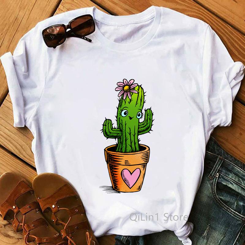 Funny Cactus T Shirts Women Summer Cute White Short Sleeve Top Tshirt Graphic Tee Shirt Femme Plant Print Tshirt Camisetas
