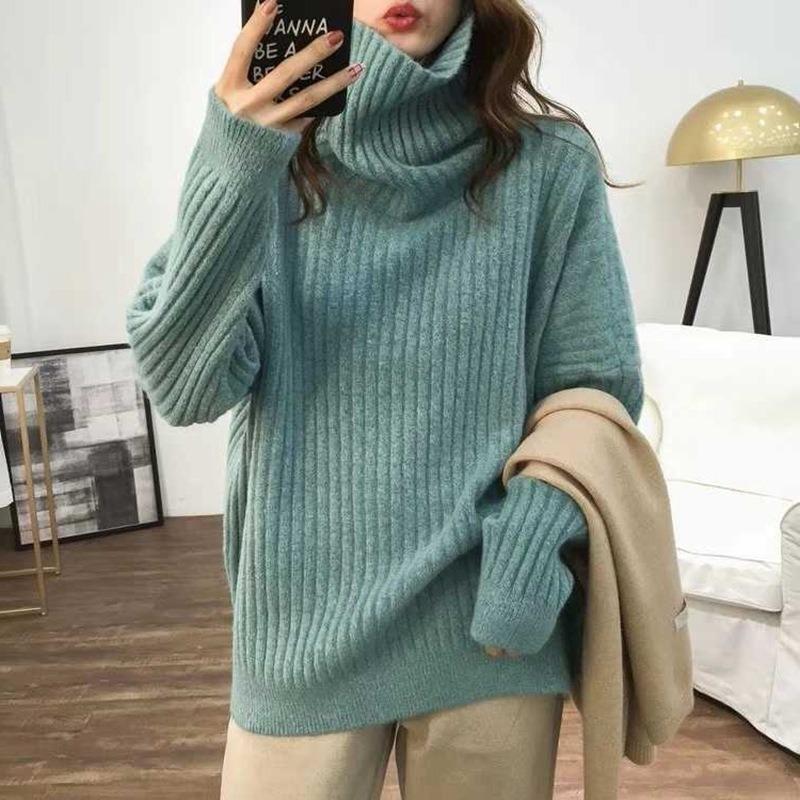 Autumn and winter new loose retro lazy style turtleneck sweater with women's fashion versatile pullover knitted bottoming shirt thick