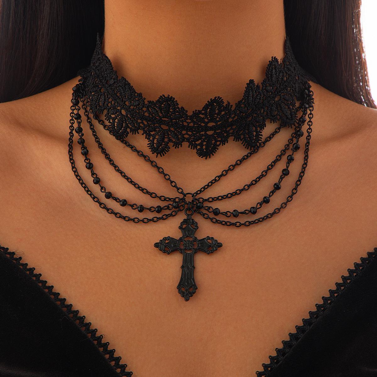 Ingemark Multilayer Gothic Black Lace Chunky Chain Necklace for Women Vintage Cross Jesus Pendant Choker Halloween Rave Jewelry чёрный