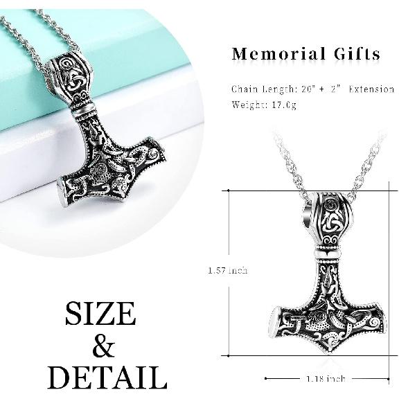 shajwo Mjolnir Thors Hammer Urn Necklace for Ashes for Men Celtic Nordic Viking Cremation Jewelry for Women Keepsake Memorial Ashes Pendant