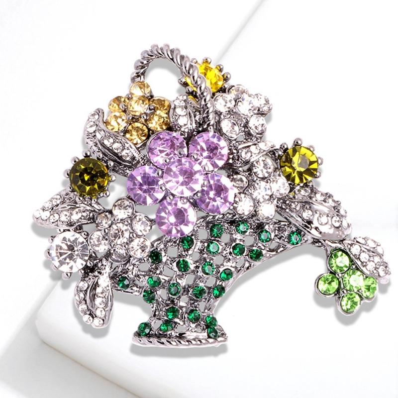 Floral Basket Brooch Pin with Crystal-Look Detail, Vintage Decorative Accessory for Sweaters Coats Scarves and Bags