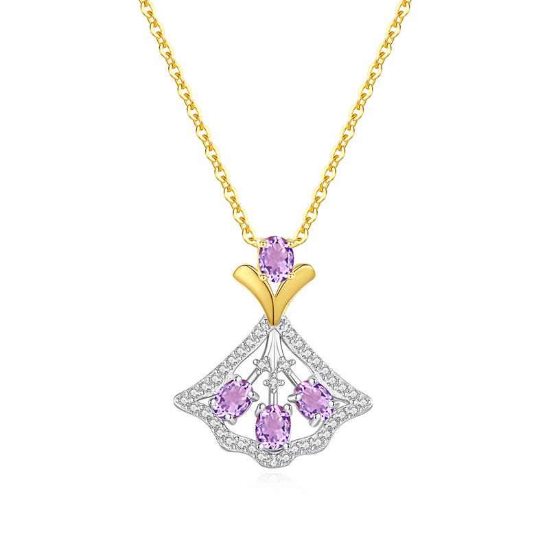 

925 Sterling Silver Natural Amethyst Crystal Necklace Earrings Set Korean Style Jewelry for Women
