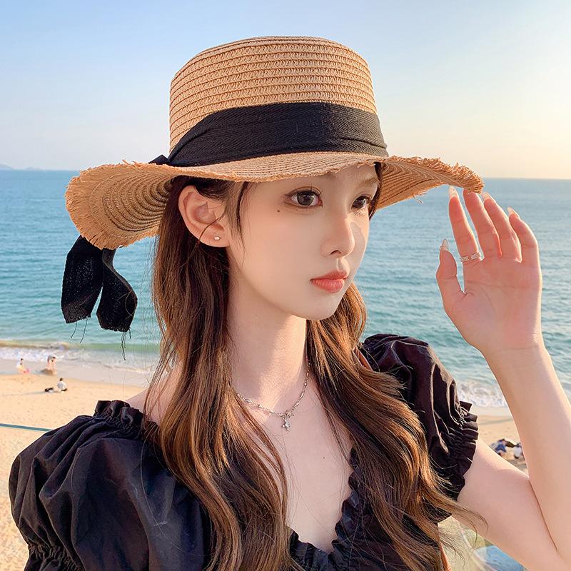 Korean Bow Straw Hat for Women Outdoor Beach Wide Brim Sun Visor Cap Summer Vacation Sunshade Female Panama Hats