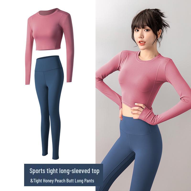 Seamless Yoga Set: Women's Long Sleeve Top & High Waist Peach Lift Pants for Gym & Running