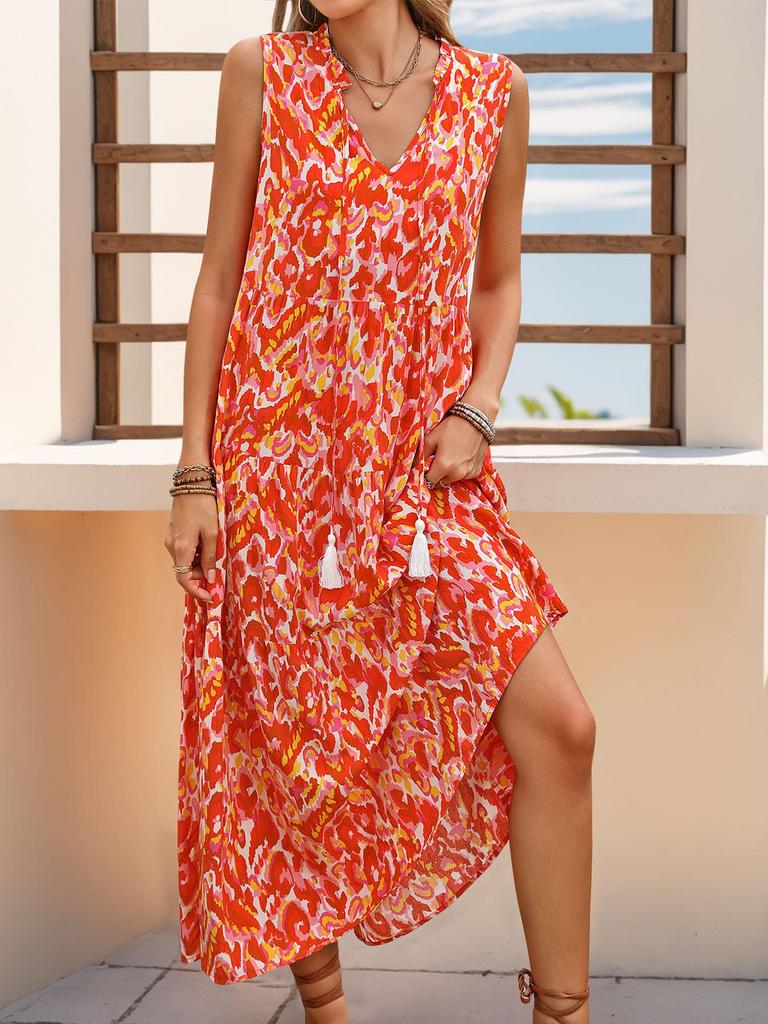 2026 European & American Summer Resort Sleeveless V-Neck Tassel Abstract Print Dress for Women