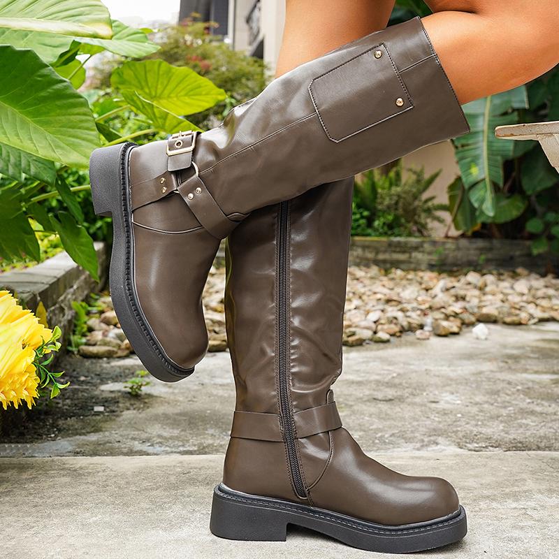 Fashion Chunky Platform Biker Boots for Women 2025 Autumn Winter Knee High Boots Woman Fashion Belt Buckle PU Leather Long Botas Mujer