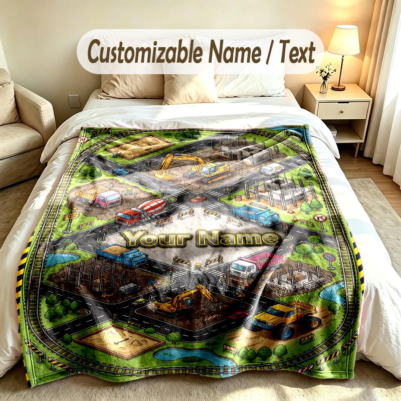Construction Vehicles Theme Custom Blanket Personalized Name & Text Customized Soft Warm Throw Blanket Home Decor