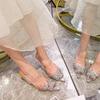 2025 Sommer neue Internet-Berühmtheit spitz transparent Strass dünner Absatz Tasche Kopfschmuck Halbschlappen europäisch-amerikanische High Heel Damen Sandalen